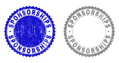 Grunge SPONSORSHIPS watermarks isolated on a white background. Rosette seals with grunge texture in blue and gray colors. Vector rubber stamp imprint of SPONSORSHIPS label inside round rosette.