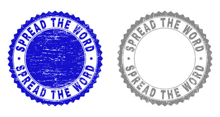 Grunge SPREAD THE WORD stamp seals isolated on a white background. Rosette seals with distress texture in blue and grey colors.