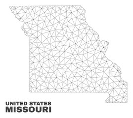 Abstract Missouri State map isolated on a white background. Triangular mesh model in black color of Missouri State map. Polygonal geographic scheme designed for political illustrations.