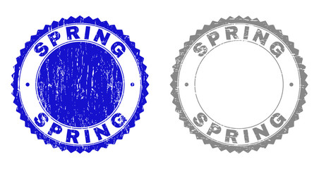 Grunge SPRING stamp seals isolated on a white background. Rosette seals with grunge texture in blue and grey colors. Vector rubber watermark of SPRING caption inside round rosette.