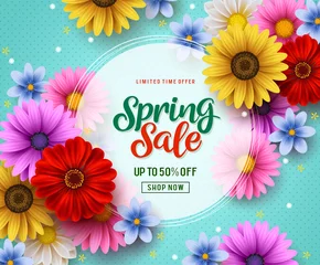 Tuinposter Spring sale vector banner template with colorful flowers elements like chrysanthemum and daisy in the background and spring season discount promotional text in white frame. © AmazeinDesign