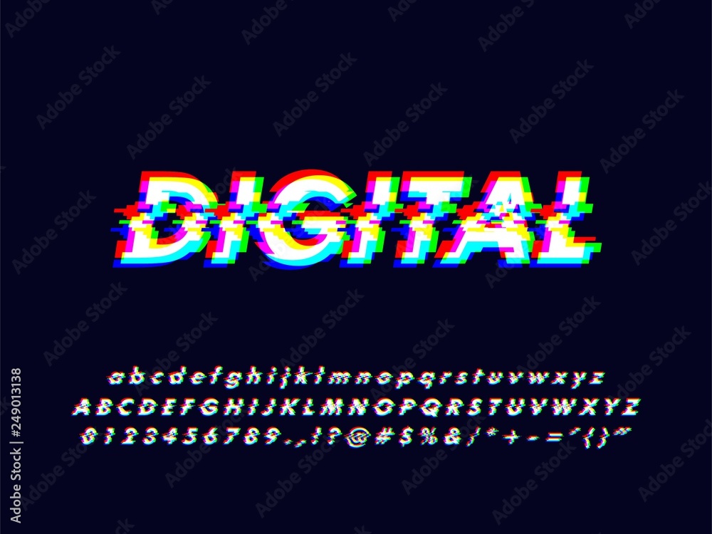 Fototapete no signal glitches rgb screen alphabet character design with particle led screen error effect, font 