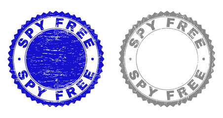 Grunge SPY FREE stamp seals isolated on a white background. Rosette seals with grunge texture in blue and gray colors. Vector rubber stamp imitation of SPY FREE caption inside round rosette.