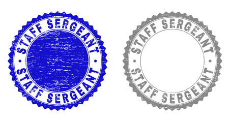 Grunge STAFF SERGEANT stamp seals isolated on a white background. Rosette seals with distress texture in blue and gray colors. Vector rubber overlay of STAFF SERGEANT caption inside round rosette.