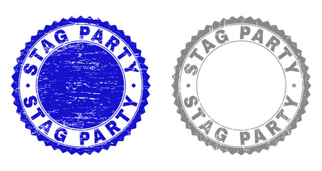 Grunge STAG PARTY stamp seals isolated on a white background. Rosette seals with grunge texture in blue and grey colors. Vector rubber stamp imitation of STAG PARTY title inside round rosette.
