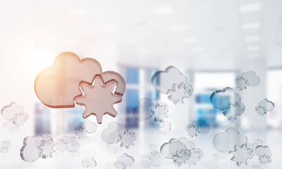 Cloud computing concept with glass symbol shown in air. Mixed media