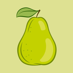 Illustration of Green Juicy Stylized Pear with Leaf. Icon for Food Apps and Web