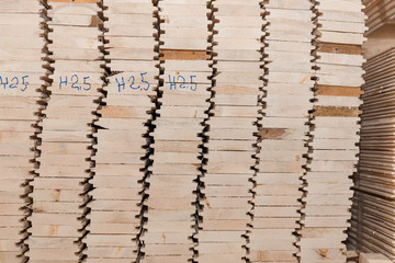 Lumber butts. Boards clad in piles. Euro race, blockhouse, timber emitation.