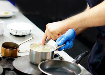 Chef preparing food, meal, in the kitchen, chef cooking, Chef decorating dish