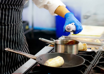 Chef preparing food, meal, in the kitchen, chef cooking, Chef decorating dish