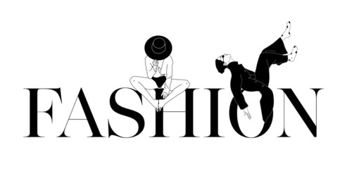 A beautiful girl in trendy clothes is sitting in a stylish inscription. Vector illustration. Clothes and accessories. Print on clothes. Fashion & Style. Fashionable look. Black woman. 