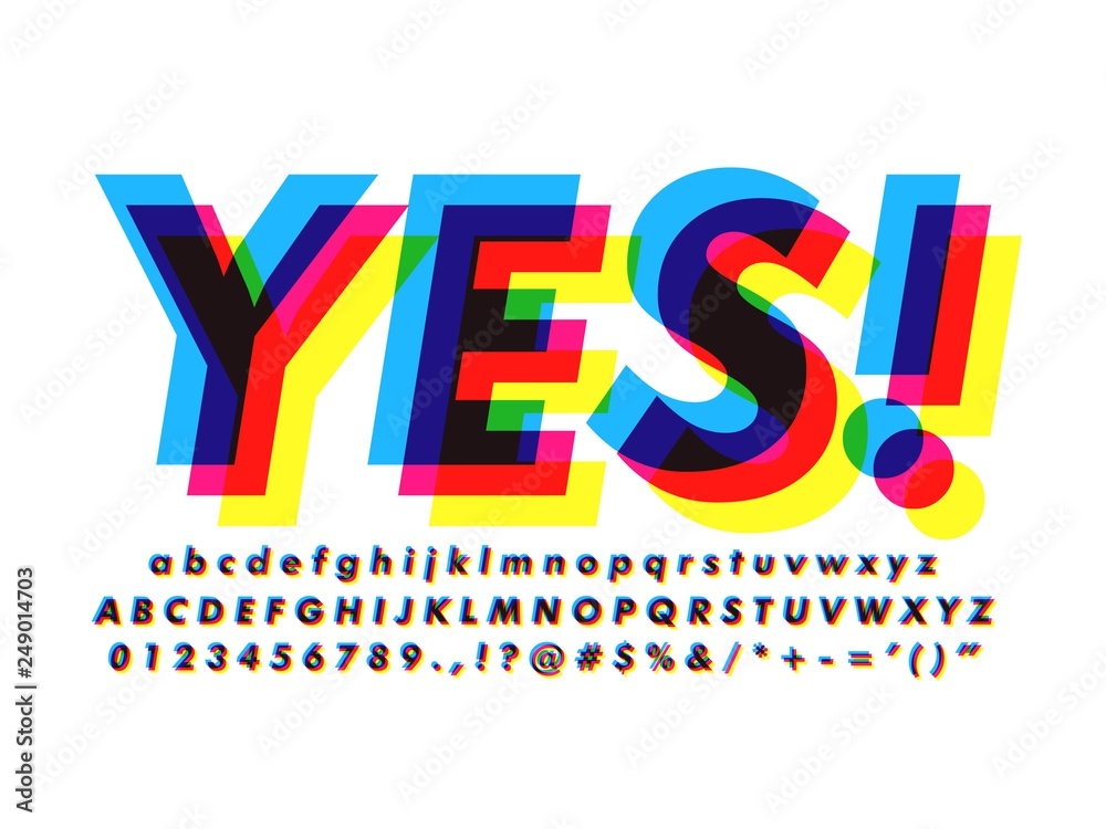 Fototapete offset alphabet font with overprint colors text effect and cool typeface print effects compatible wi