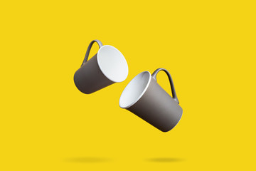 Obraz na płótnie Canvas Flying Concept of Red Coffee Tea Cup on Yellow Background