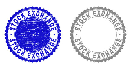 Grunge STOCK EXCHANGE stamp seals isolated on a white background. Rosette seals with grunge texture in blue and grey colors. Vector rubber overlay of STOCK EXCHANGE caption inside round rosette.