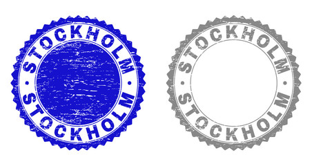 Fototapeta premium Grunge STOCKHOLM stamps isolated on a white background. Rosette seals with grunge texture in blue and gray colors. Vector rubber stamp imitation of STOCKHOLM title inside round rosette.