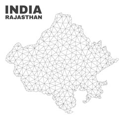 Abstract Rajasthan State map isolated on a white background. Triangular mesh model in black color of Rajasthan State map. Polygonal geographic scheme designed for political illustrations.