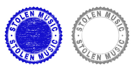 Grunge STOLEN MUSIC stamp seals isolated on a white background. Rosette seals with grunge texture in blue and gray colors. Vector rubber stamp imprint of STOLEN MUSIC caption inside round rosette.