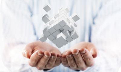 Concept of technology integration and innovation presented by cube figure. Mixed media