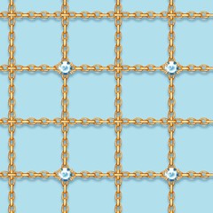 Fototapeta premium Golden chain and blue gems seamless pattern