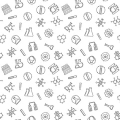 Seamless pattern with flask, test-tubes, chemistry outline symbols. Vector background