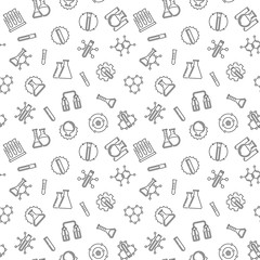 Seamless pattern with flask, test-tubes, chemistry outline symbols. Vector background