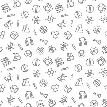 Seamless pattern with flask, test-tubes, chemistry outline symbols. Vector background
