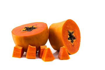 Sweet papaya fruit cut half isolate on white