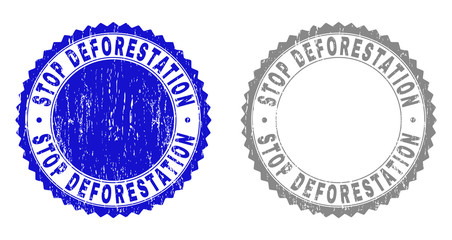 Grunge STOP DEFORESTATION stamp seals isolated on a white background. Rosette seals with grunge texture in blue and gray colors.