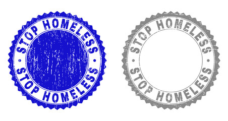 Grunge STOP HOMELESS stamp seals isolated on a white background. Rosette seals with grunge texture in blue and gray colors. Vector rubber stamp imitation of STOP HOMELESS label inside round rosette.