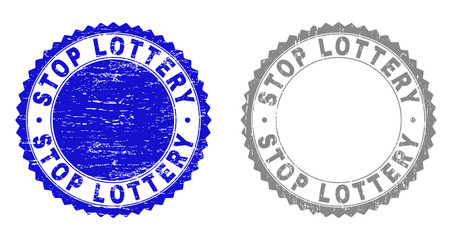Grunge STOP LOTTERY stamp seals isolated on a white background. Rosette seals with grunge texture in blue and gray colors. Vector rubber overlay of STOP LOTTERY tag inside round rosette.