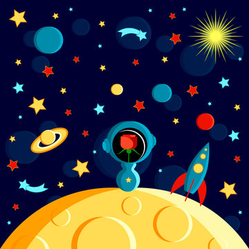 Girl on the moon. Moon, Sun, Saturn, Earth, other planets, rocket. Stars, comets, space. Cartoon style.