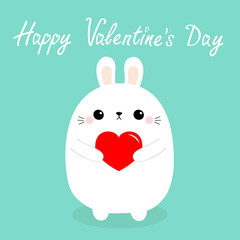 Obraz na płótnie Canvas Happy Valentines Day. White baby rabbit hare puppy head face holding red heart. Cute cartoon kawaii funny animal character. Love card. Flat design. Isolated. Blue background.