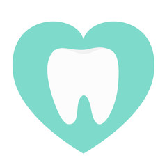 White tooth heart love icon. Healthy tooth. Oral dental hygiene. Children teeth care. Tooth health. Blue background. Isolated. Flat design.