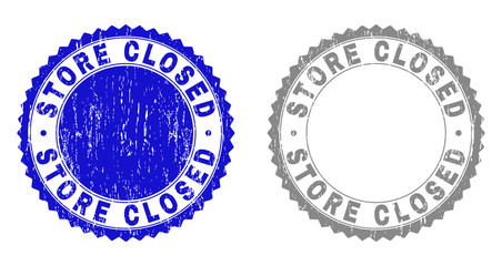 Grunge STORE CLOSED stamp seals isolated on a white background. Rosette seals with distress texture in blue and grey colors. Vector rubber stamp imprint of STORE CLOSED caption inside round rosette.