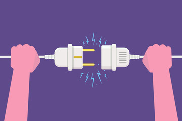 Hand Disconnecting Plug with electricity spark. Vector illustration in flat style - obrazy, fototapety, plakaty