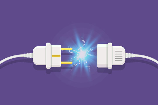 Disconnect Plug with electricity spark. Vector illustration in flat style