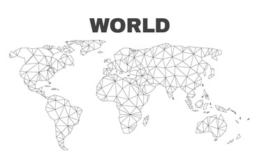 Abstract world map isolated on a white background. Triangular mesh model in black color of world map. Polygonal geographic scheme designed for political illustrations.