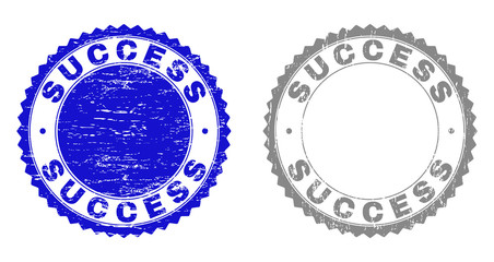 Grunge SUCCESS stamp seals isolated on a white background. Rosette seals with distress texture in blue and grey colors. Vector rubber stamp imprint of SUCCESS label inside round rosette.