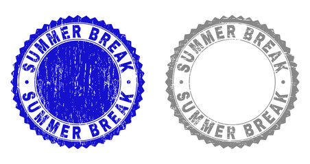 Grunge SUMMER BREAK stamp seals isolated on a white background. Rosette seals with grunge texture in blue and grey colors. Vector rubber stamp imprint of SUMMER BREAK caption inside round rosette.