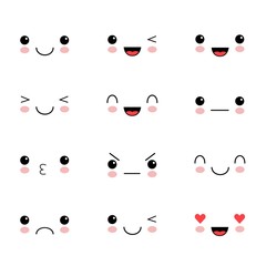 Set of cute lovely kawaii emoticon. Doodle cartoon face in childlike manga.