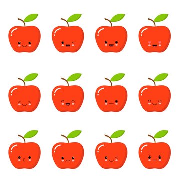 Kawaii red apple. Cute emoticon face on a white background. Emoticon icon.