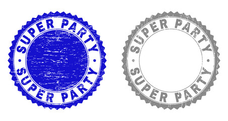 Obraz premium Grunge SUPER PARTY watermarks isolated on a white background. Rosette seals with grunge texture in blue and gray colors. Vector rubber stamp imitation of SUPER PARTY caption inside round rosette.
