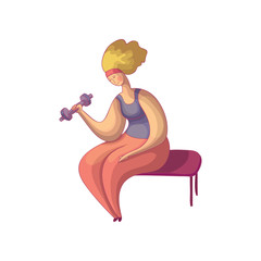 Cute woman sitting on chair and doing exercise with dumbbell. Plump young girl in sportswear. Hand drawn vector design