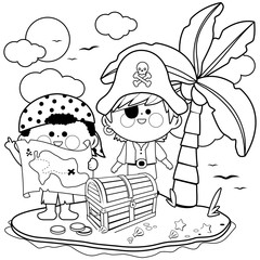 Children pirates finding a chest filled with treasure on an island. Vector black and white coloring page.