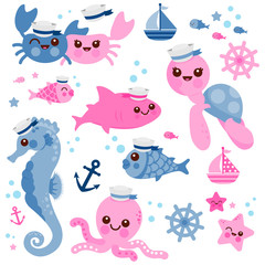 Baby sea animals. Collection of sailor and nautical vector illustrations.
