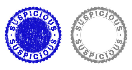 Grunge SUSPICIOUS stamp seals isolated on a white background. Rosette seals with grunge texture in blue and gray colors. Vector rubber stamp imprint of SUSPICIOUS label inside round rosette.