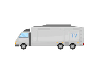 Naklejka premium Flat vector icon of large TV news truck, side view. Mobile television studio. Media car. Communication theme