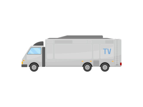 Flat vector icon of large TV news truck, side view. Mobile television studio. Media car. Communication theme