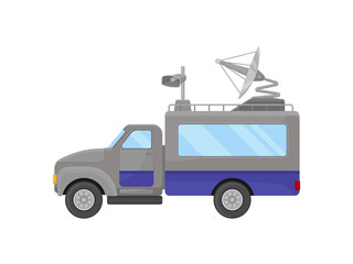Fototapeta na wymiar Flat vector icon of television broadcasting truck, side view. Car with satellite antenna on roof. Media vehicle