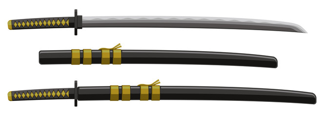 Katana (Japanese sword) illustration set. Samurai's weapon. Katana with  sheath.